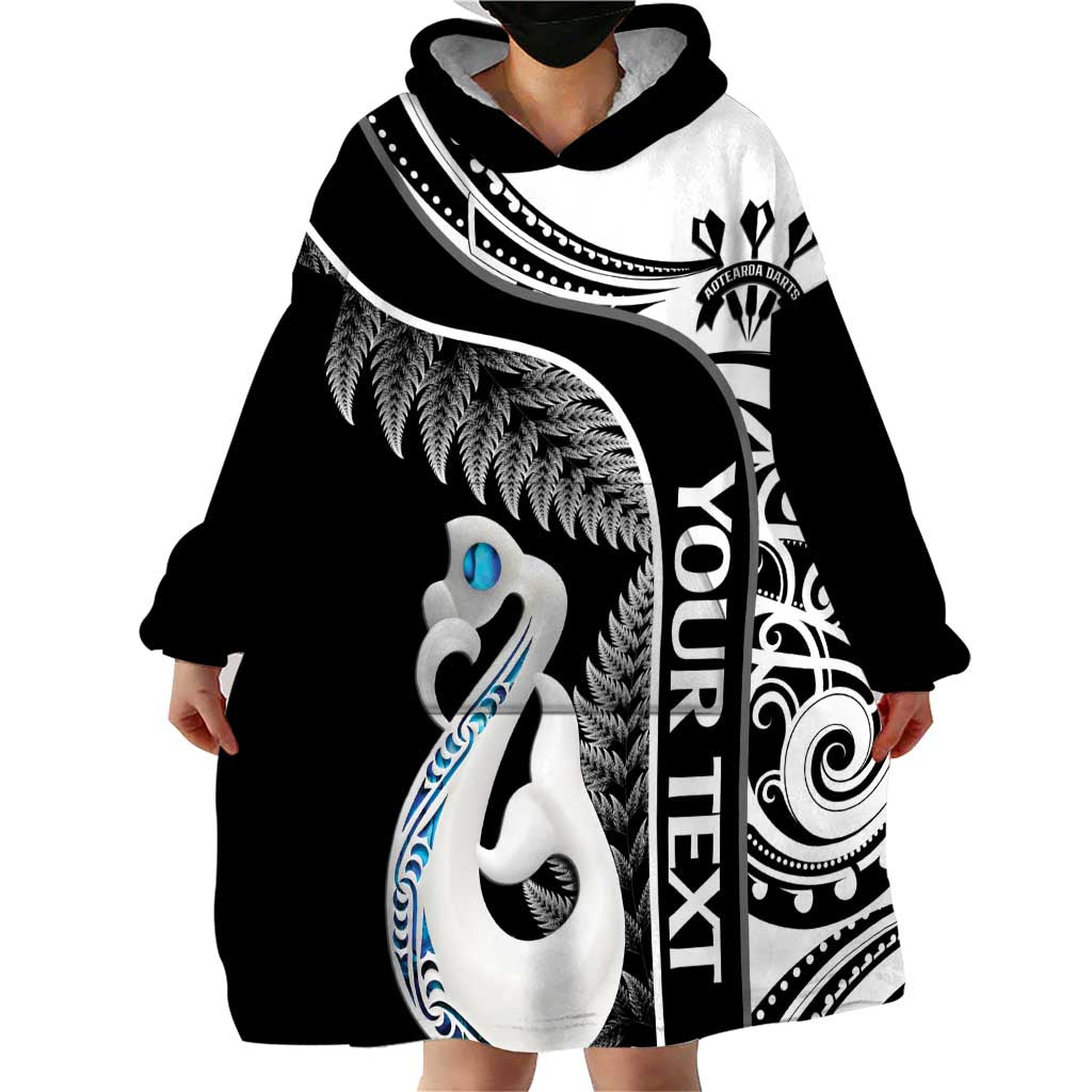 Personalised New Zealand Darts Wearable Blanket Hoodie Aotearoa Fern Mix Paua Shell Manaia - Black - Vibe Hoodie Shop