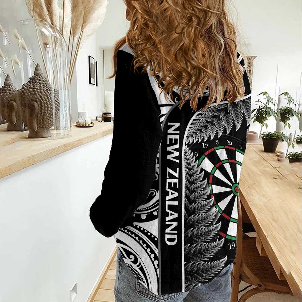 Personalised New Zealand Darts Women Casual Shirt Aotearoa Fern Mix Paua Shell Manaia - Black - Vibe Hoodie Shop