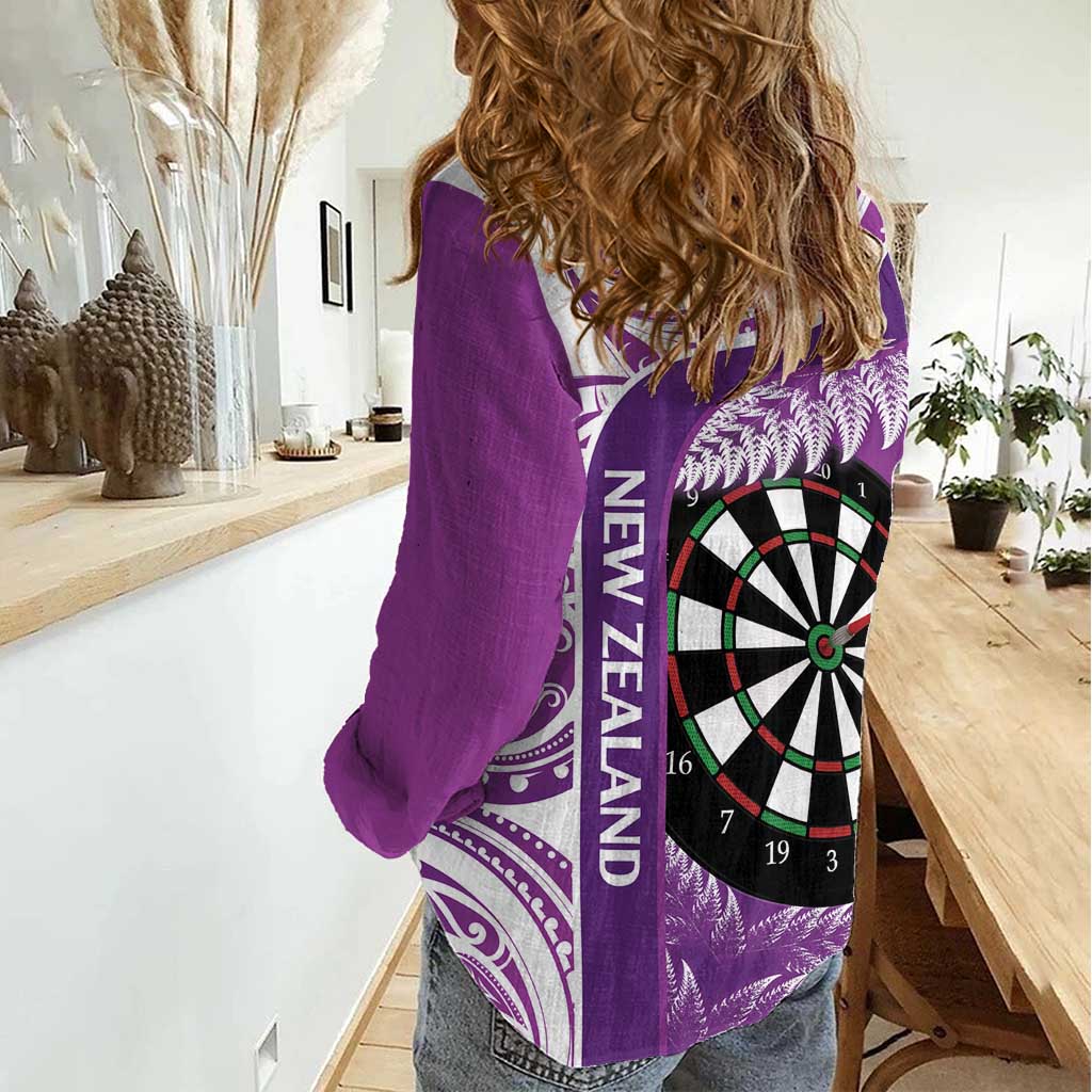 Personalised New Zealand Darts Women Casual Shirt Aotearoa Fern Mix Paua Shell Manaia - Purple - Vibe Hoodie Shop