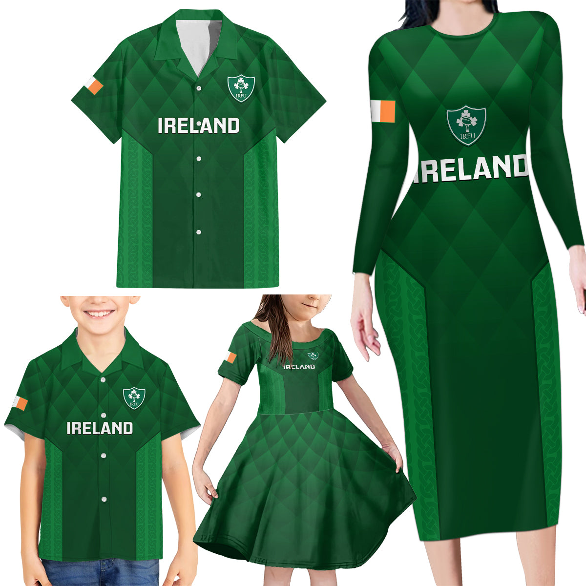 Custom Ireland Rugby Family Matching Long Sleeve Bodycon Dress and Hawaiian Shirt 2023 Go Shamrock World Cup Irish Celtic Pattern LT14