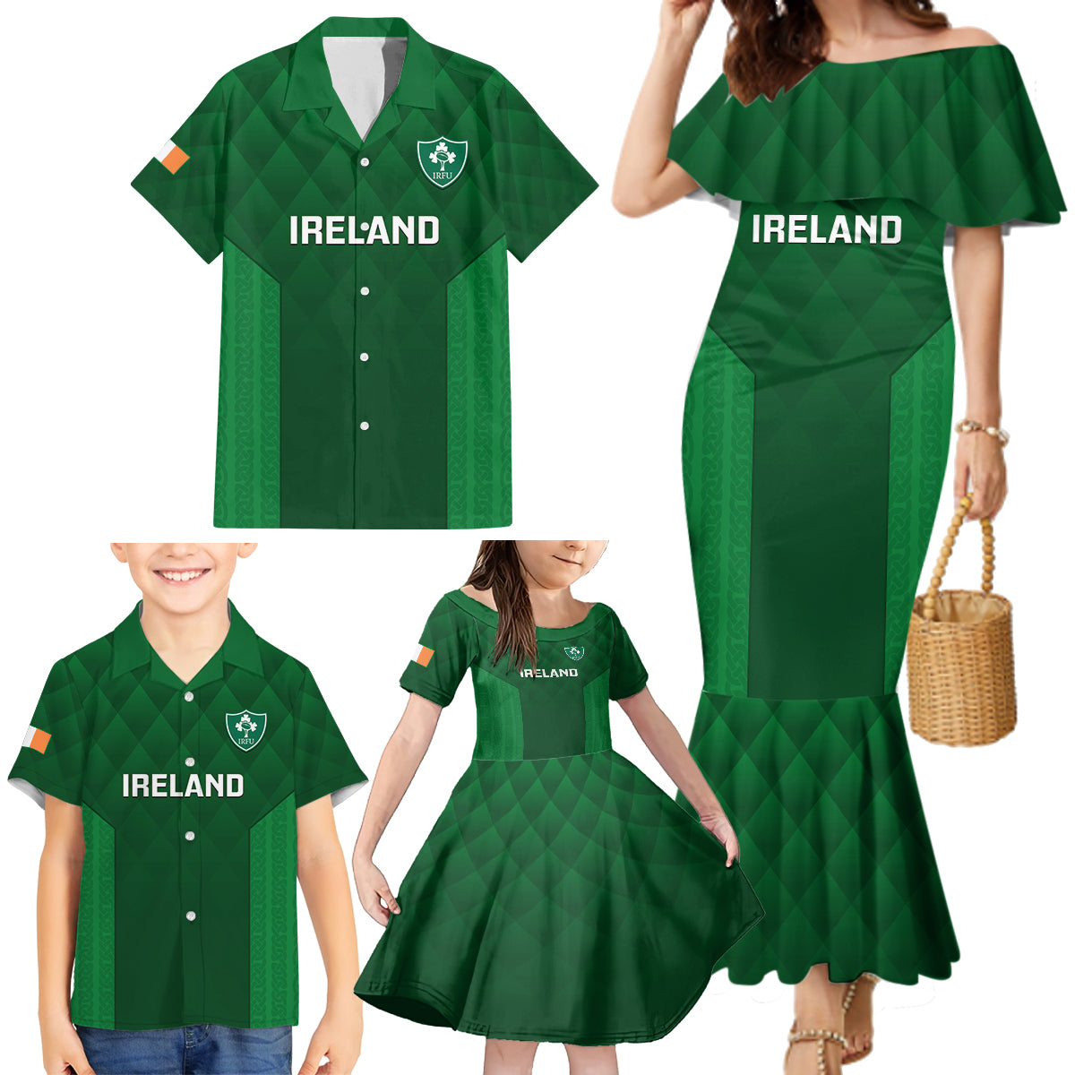 Custom Ireland Rugby Family Matching Mermaid Dress and Hawaiian Shirt 2023 Go Shamrock World Cup Irish Celtic Pattern LT14