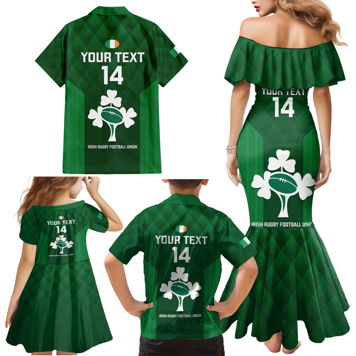 Custom Ireland Rugby Family Matching Mermaid Dress and Hawaiian Shirt 2023 Go Shamrock World Cup Irish Celtic Pattern LT14