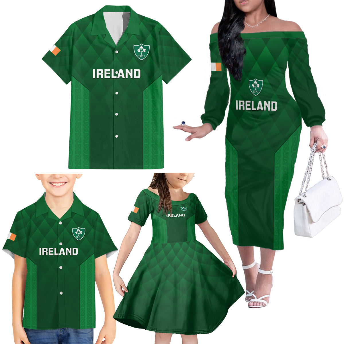 Custom Ireland Rugby Family Matching Off Shoulder Long Sleeve Dress and Hawaiian Shirt 2023 Go Shamrock World Cup Irish Celtic Pattern LT14