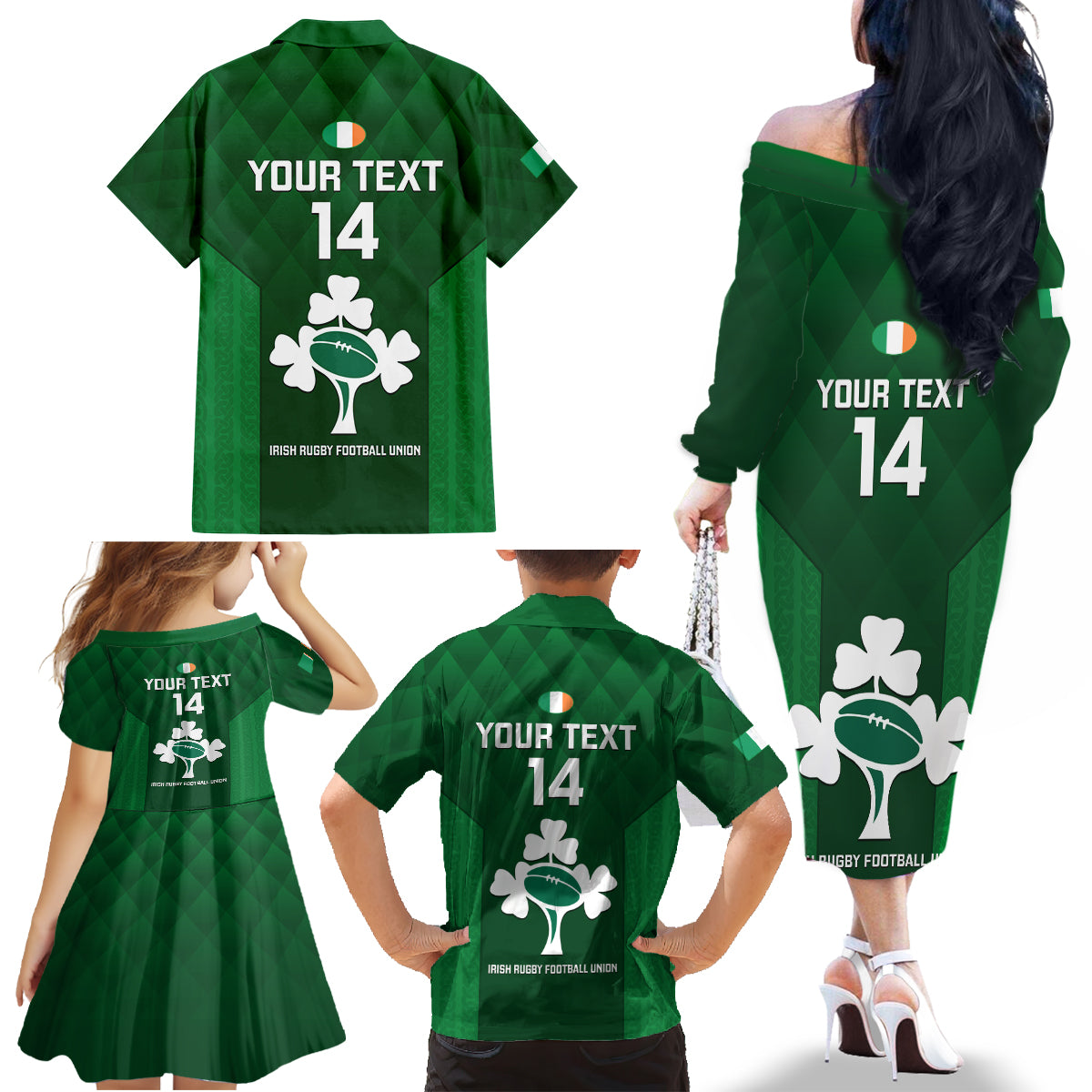 Custom Ireland Rugby Family Matching Off Shoulder Long Sleeve Dress and Hawaiian Shirt 2023 Go Shamrock World Cup Irish Celtic Pattern LT14