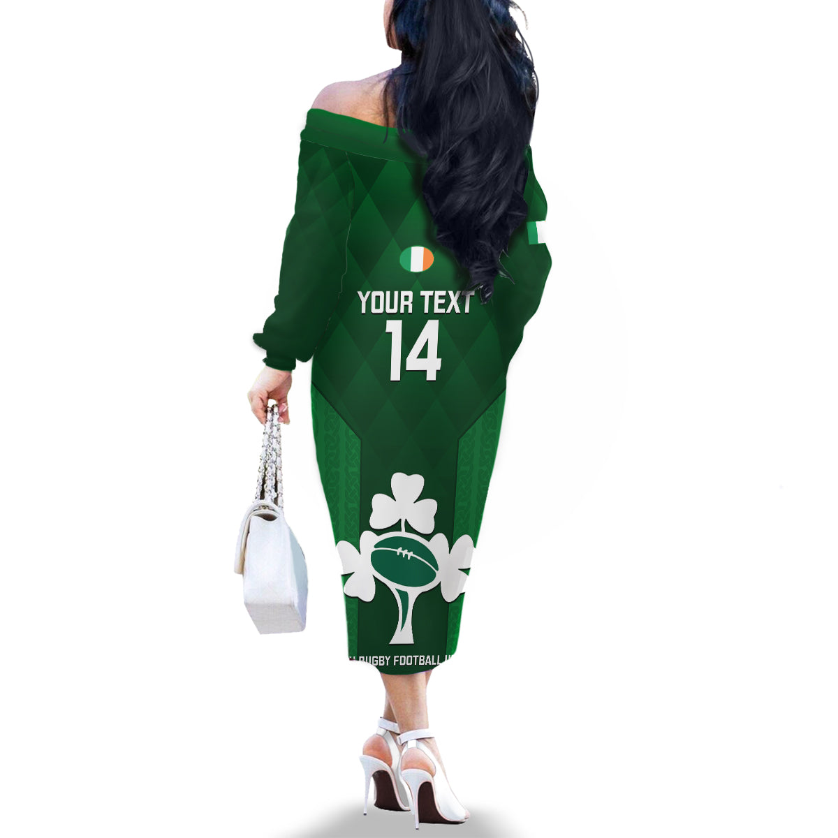Custom Ireland Rugby Family Matching Off Shoulder Long Sleeve Dress and Hawaiian Shirt 2023 Go Shamrock World Cup Irish Celtic Pattern LT14