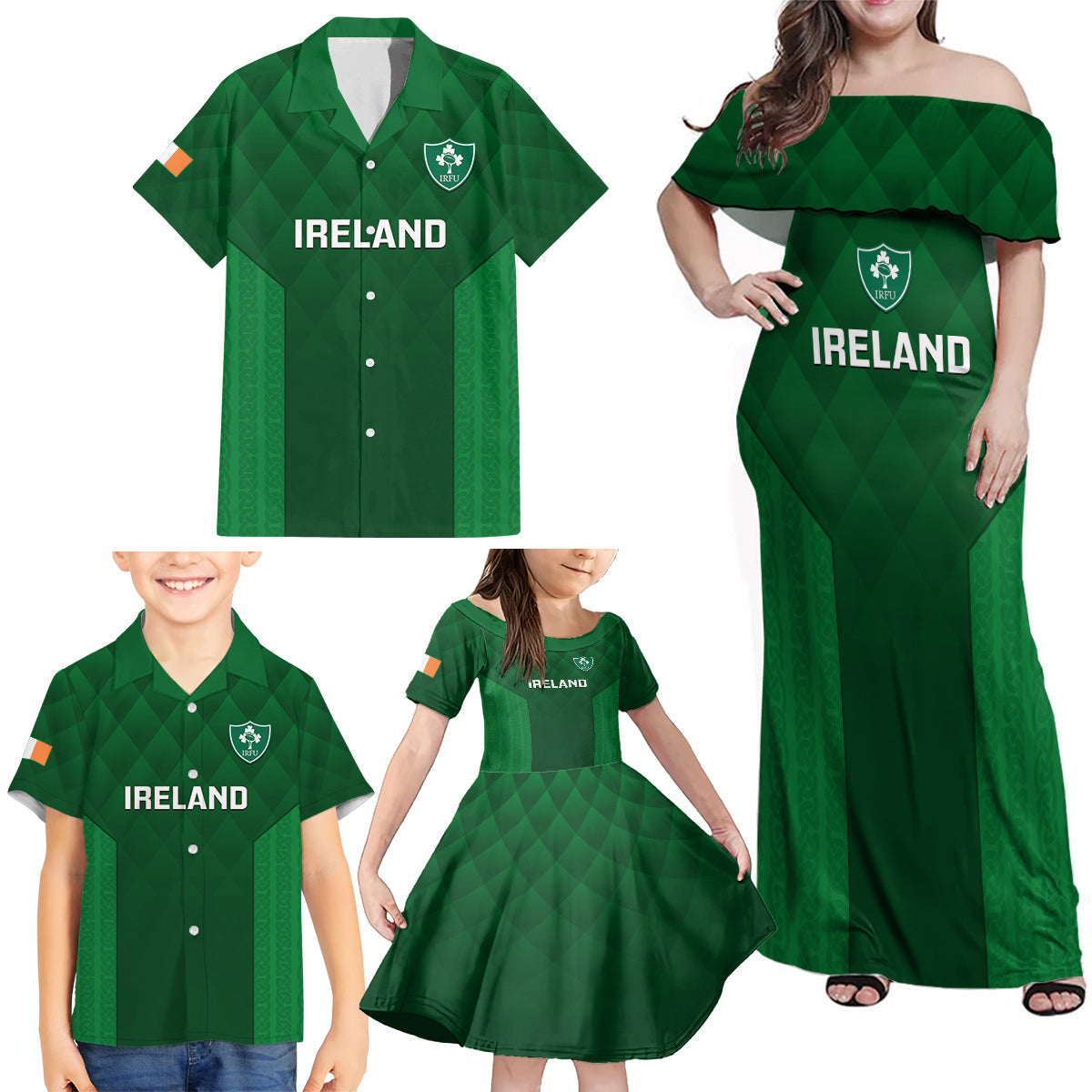 Custom Ireland Rugby Family Matching Off Shoulder Maxi Dress and Hawaiian Shirt 2023 Go Shamrock World Cup Irish Celtic Pattern LT14