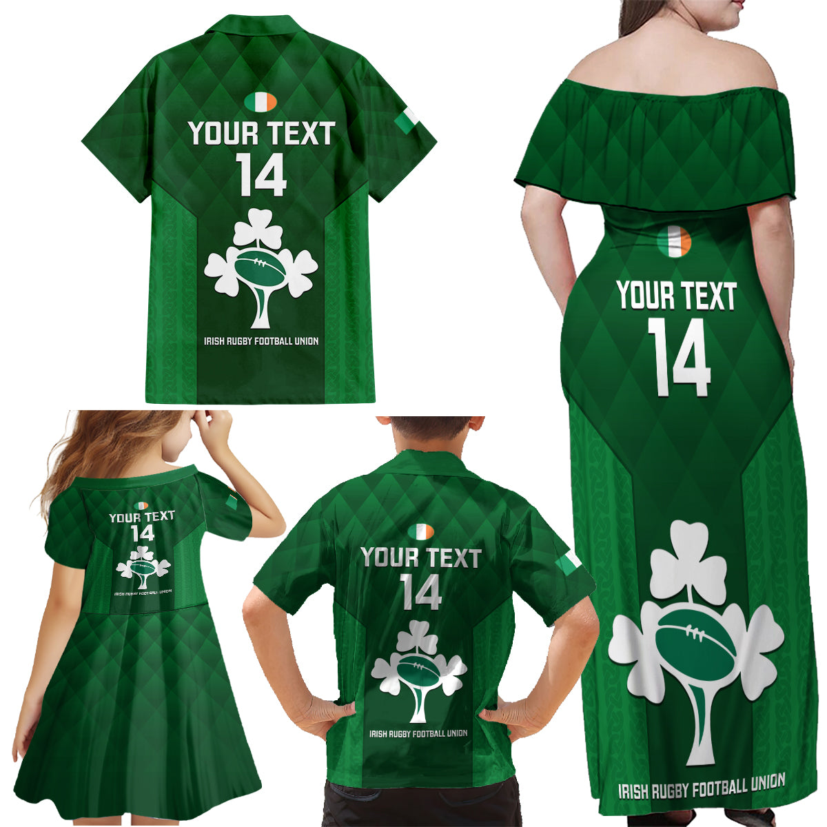Custom Ireland Rugby Family Matching Off Shoulder Maxi Dress and Hawaiian Shirt 2023 Go Shamrock World Cup Irish Celtic Pattern LT14