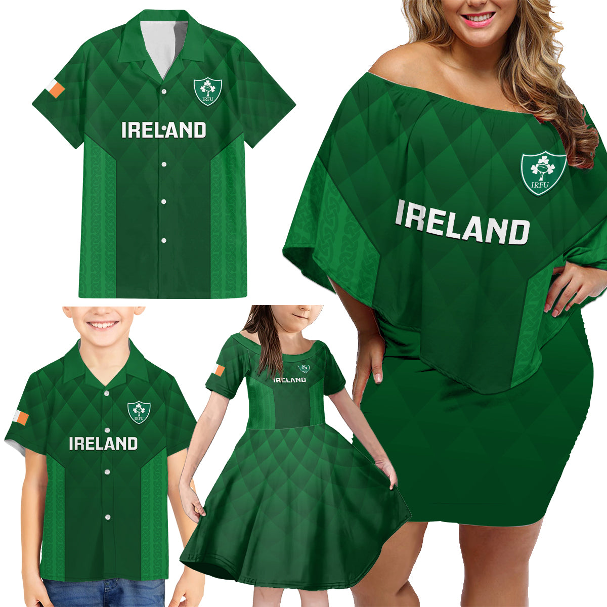 Custom Ireland Rugby Family Matching Off Shoulder Short Dress and Hawaiian Shirt 2023 Go Shamrock World Cup Irish Celtic Pattern LT14
