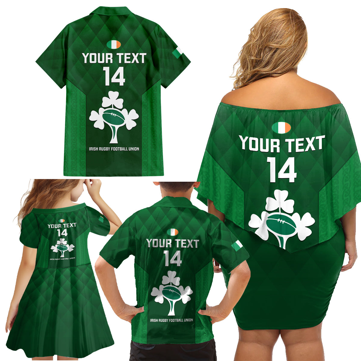 Custom Ireland Rugby Family Matching Off Shoulder Short Dress and Hawaiian Shirt 2023 Go Shamrock World Cup Irish Celtic Pattern LT14