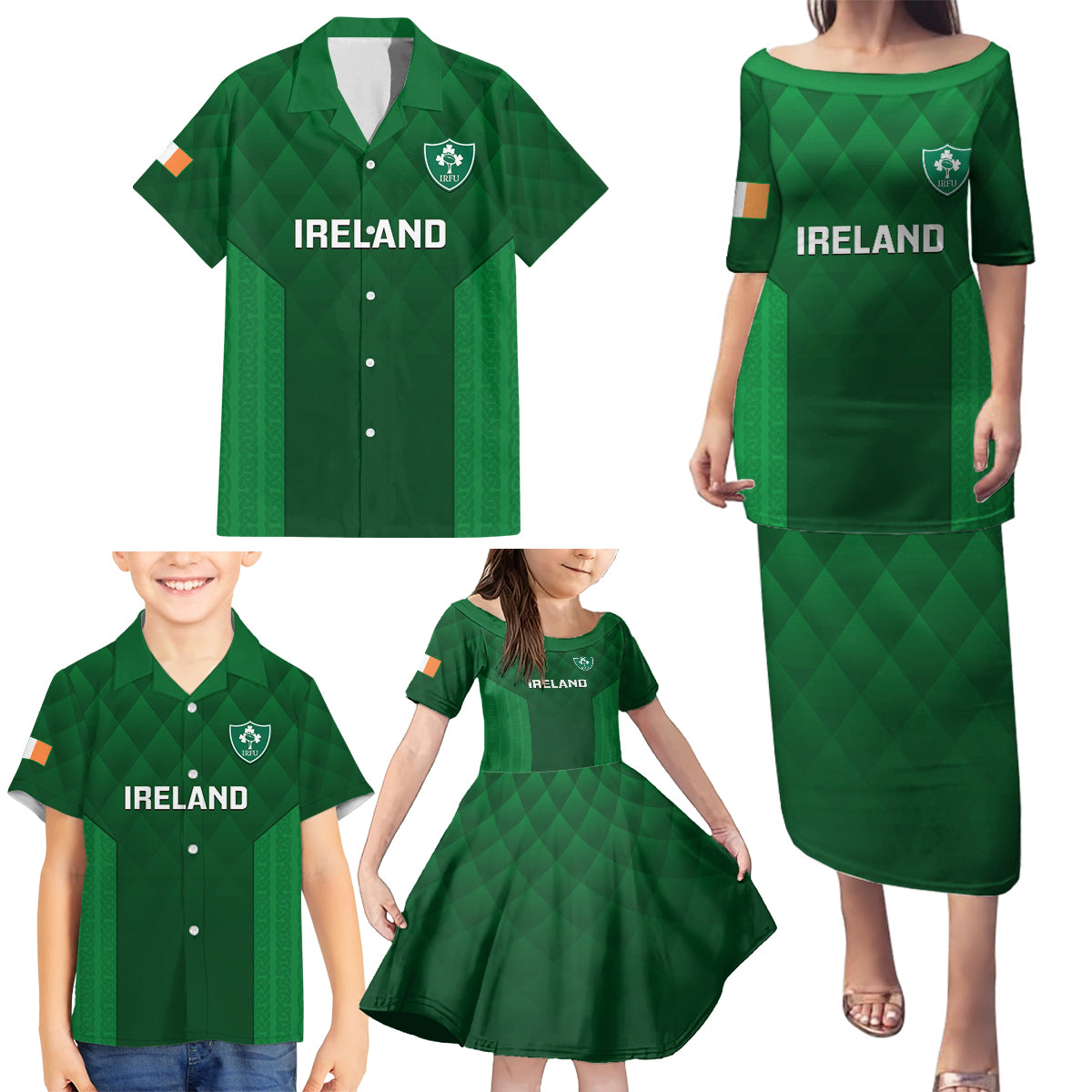 Custom Ireland Rugby Family Matching Puletasi Dress and Hawaiian Shirt 2023 Go Shamrock World Cup Irish Celtic Pattern LT14