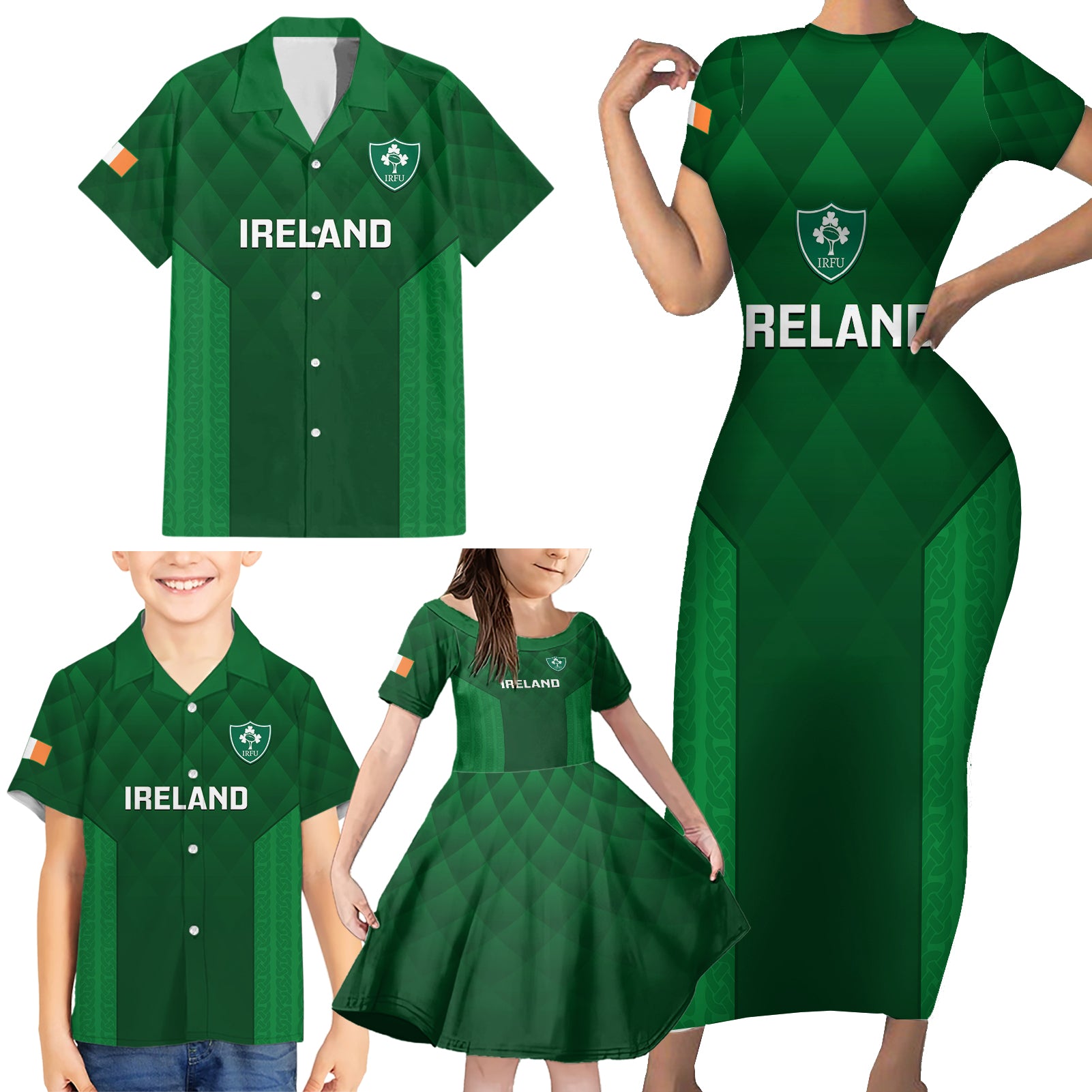 Custom Ireland Rugby Family Matching Short Sleeve Bodycon Dress and Hawaiian Shirt 2023 Go Shamrock World Cup Irish Celtic Pattern LT14