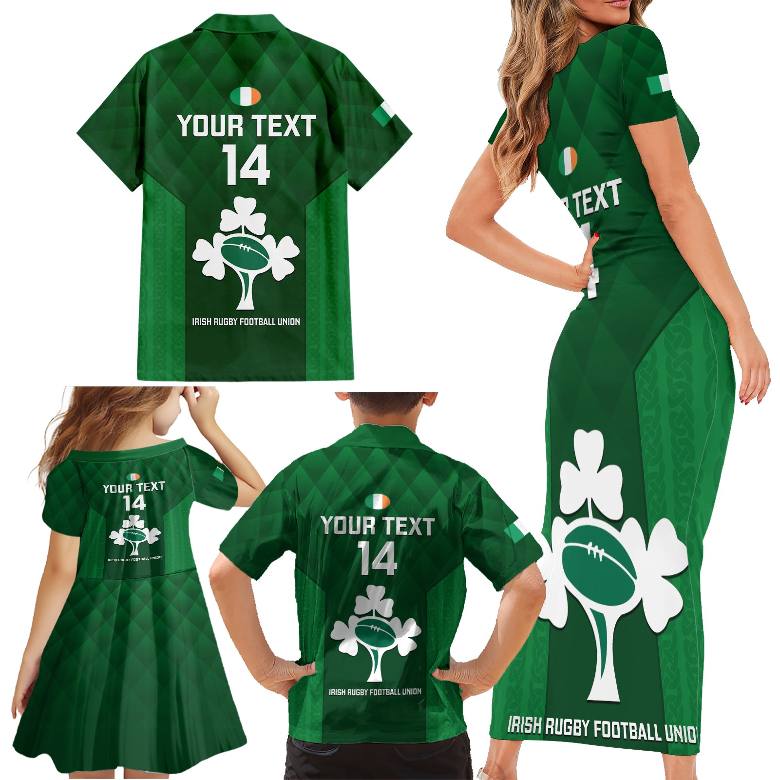 Custom Ireland Rugby Family Matching Short Sleeve Bodycon Dress and Hawaiian Shirt 2023 Go Shamrock World Cup Irish Celtic Pattern LT14