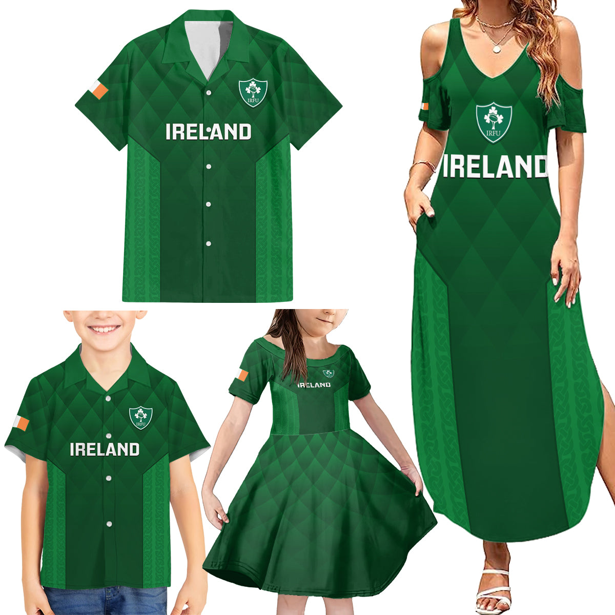 Custom Ireland Rugby Family Matching Summer Maxi Dress and Hawaiian Shirt 2023 Go Shamrock World Cup Irish Celtic Pattern LT14