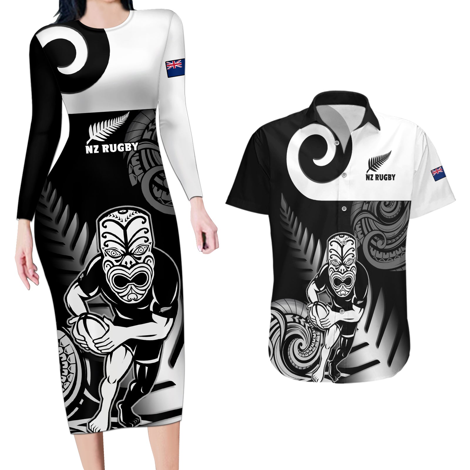 new-zealand-silver-fern-rugby-couples-matching-long-sleeve-bodycon-dress-and-hawaiian-shirt-go-champions-nz-all-black-maori-koru