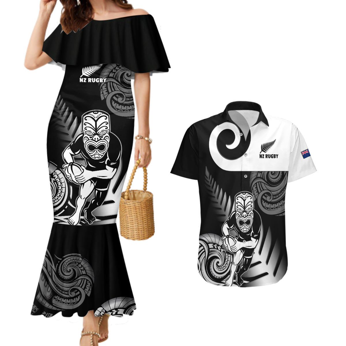 new-zealand-silver-fern-rugby-couples-matching-mermaid-dress-and-hawaiian-shirt-go-champions-nz-all-black-maori-koru