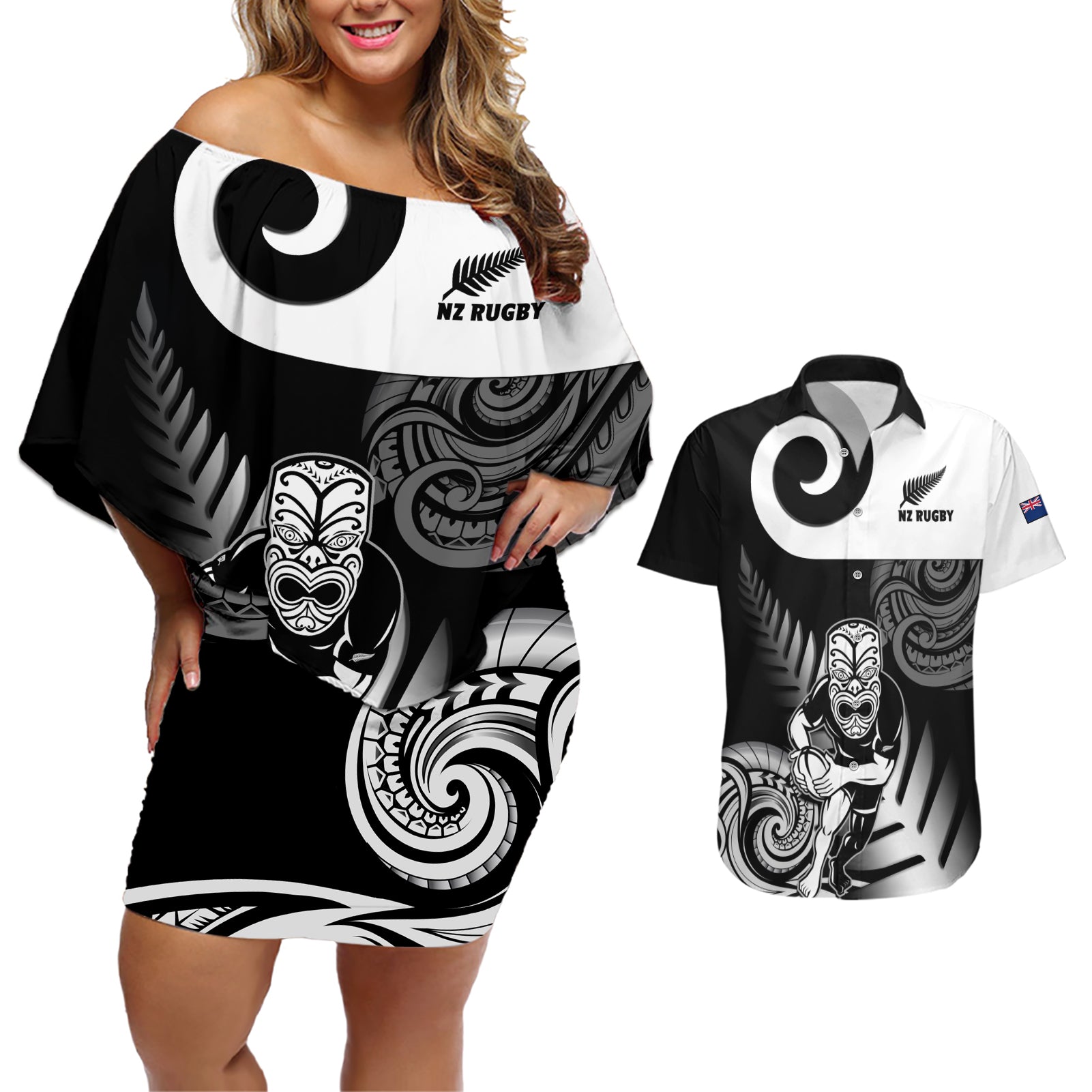 new-zealand-silver-fern-rugby-couples-matching-off-shoulder-short-dress-and-hawaiian-shirt-go-champions-nz-all-black-maori-koru