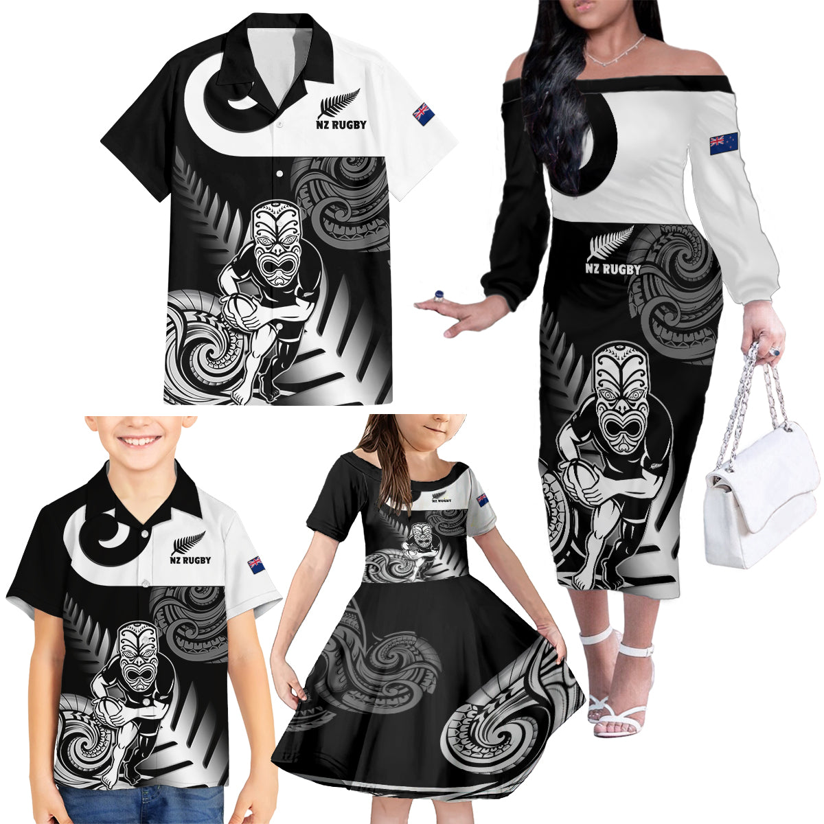 new-zealand-silver-fern-rugby-family-matching-off-shoulder-long-sleeve-dress-and-hawaiian-shirt-go-champions-nz-all-black-maori-koru