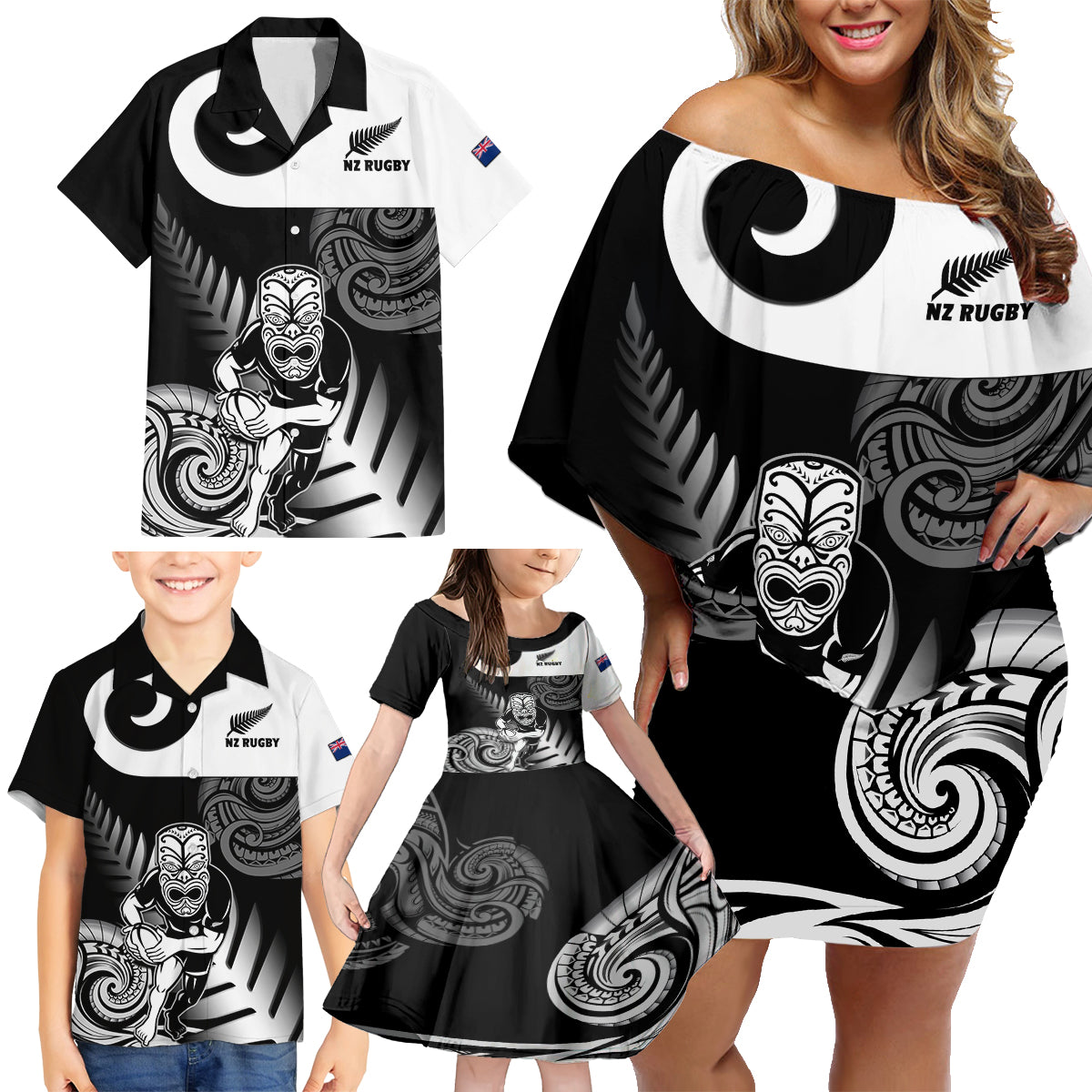 new-zealand-silver-fern-rugby-family-matching-off-shoulder-short-dress-and-hawaiian-shirt-go-champions-nz-all-black-maori-koru