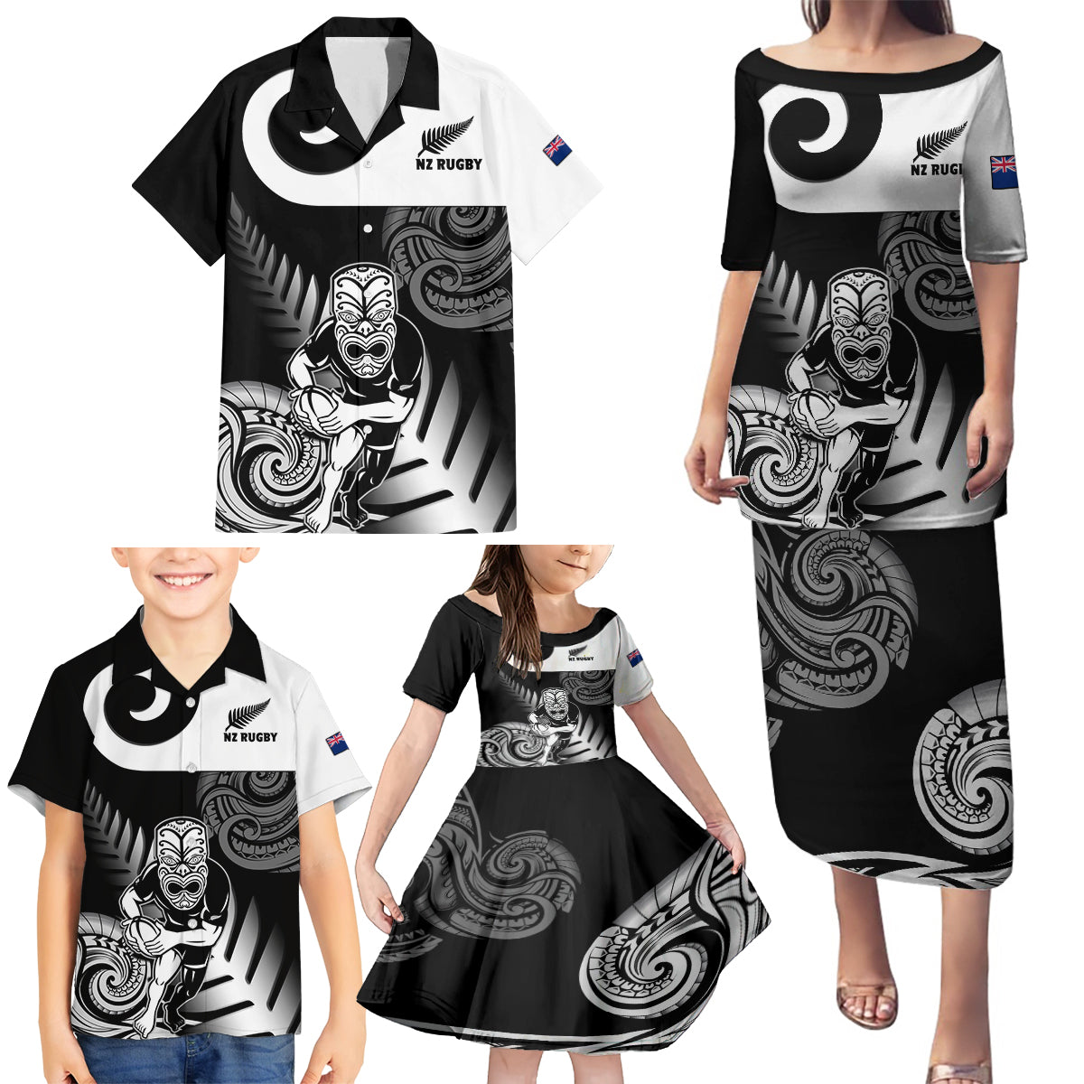 new-zealand-silver-fern-rugby-family-matching-puletasi-dress-and-hawaiian-shirt-go-champions-nz-all-black-maori-koru