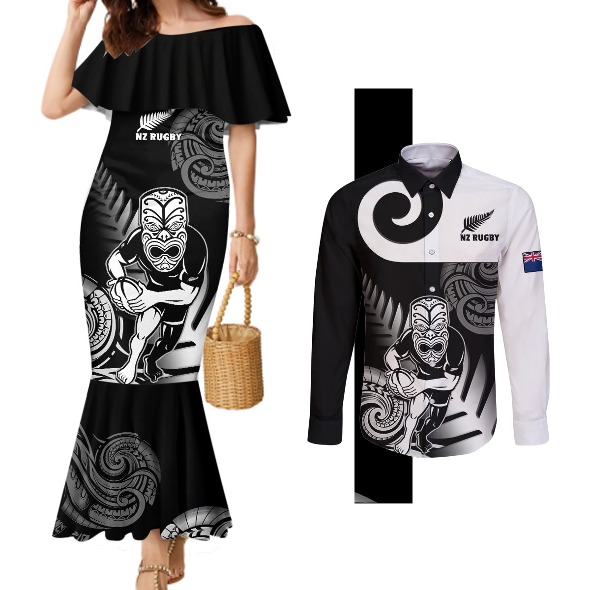 custom-new-zealand-silver-fern-rugby-couples-matching-mermaid-dress-and-long-sleeve-button-shirts-go-champions-nz-all-black-maori-koru