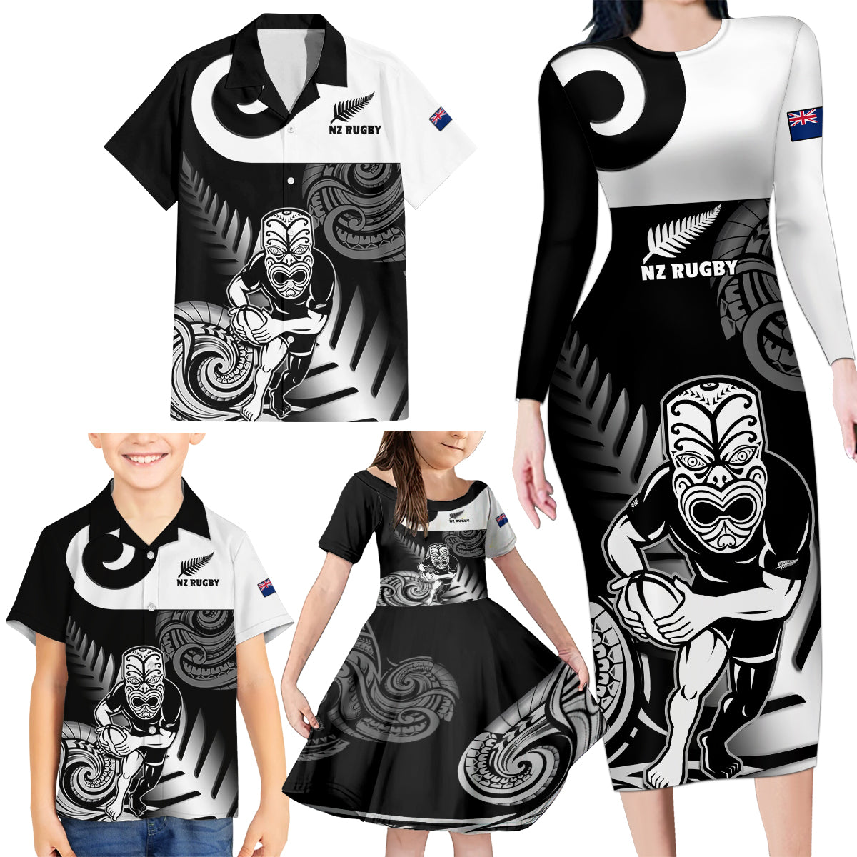 custom-new-zealand-silver-fern-rugby-family-matching-long-sleeve-bodycon-dress-and-hawaiian-shirt-go-champions-nz-all-black-maori-koru