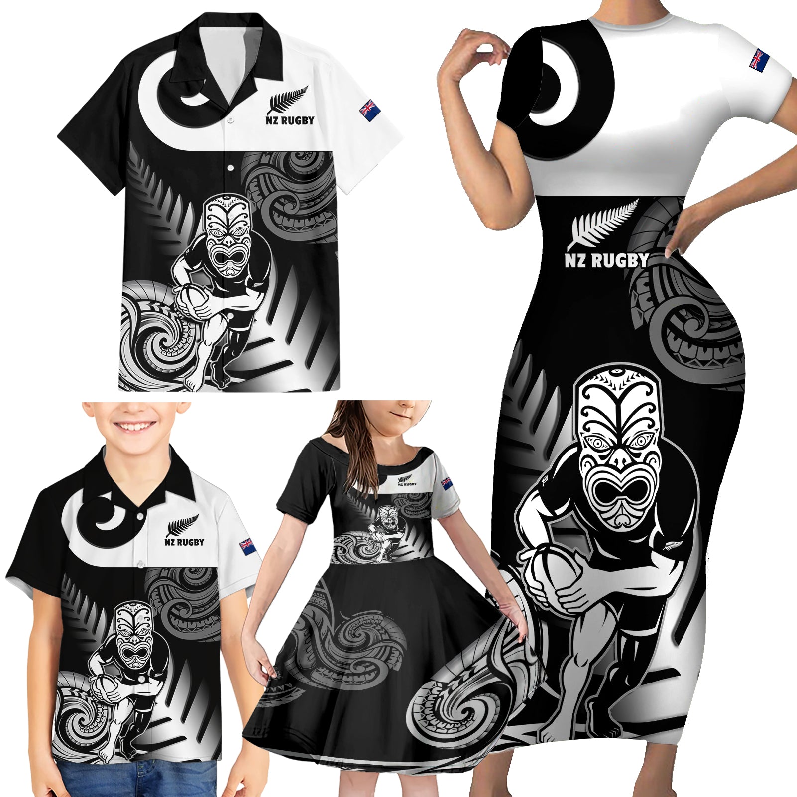 custom-new-zealand-silver-fern-rugby-family-matching-short-sleeve-bodycon-dress-and-hawaiian-shirt-go-champions-nz-all-black-maori-koru