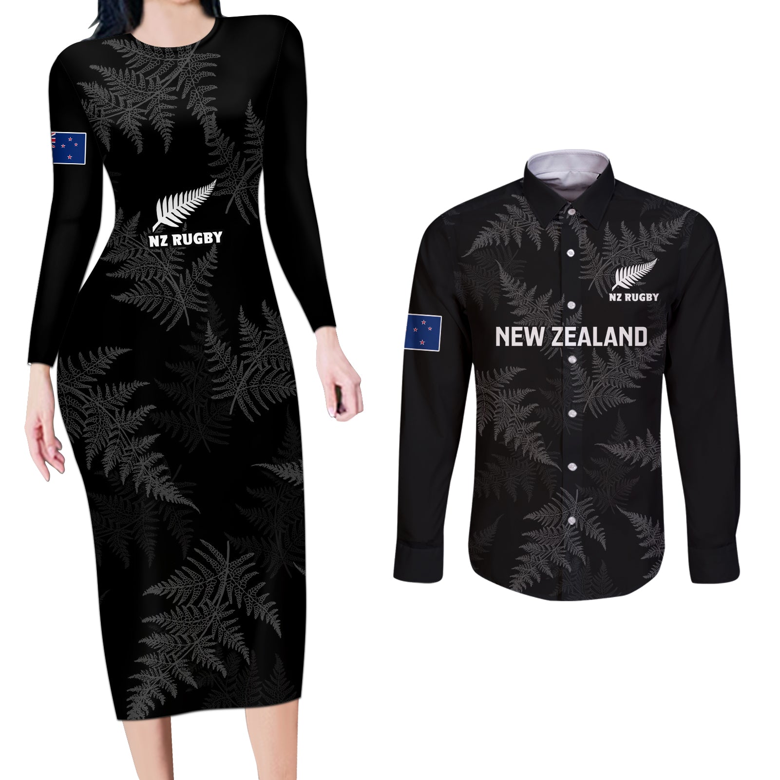 new-zealand-silver-fern-rugby-couples-matching-long-sleeve-bodycon-dress-and-long-sleeve-button-shirts-2023-go-aotearoa-champions-world-cup