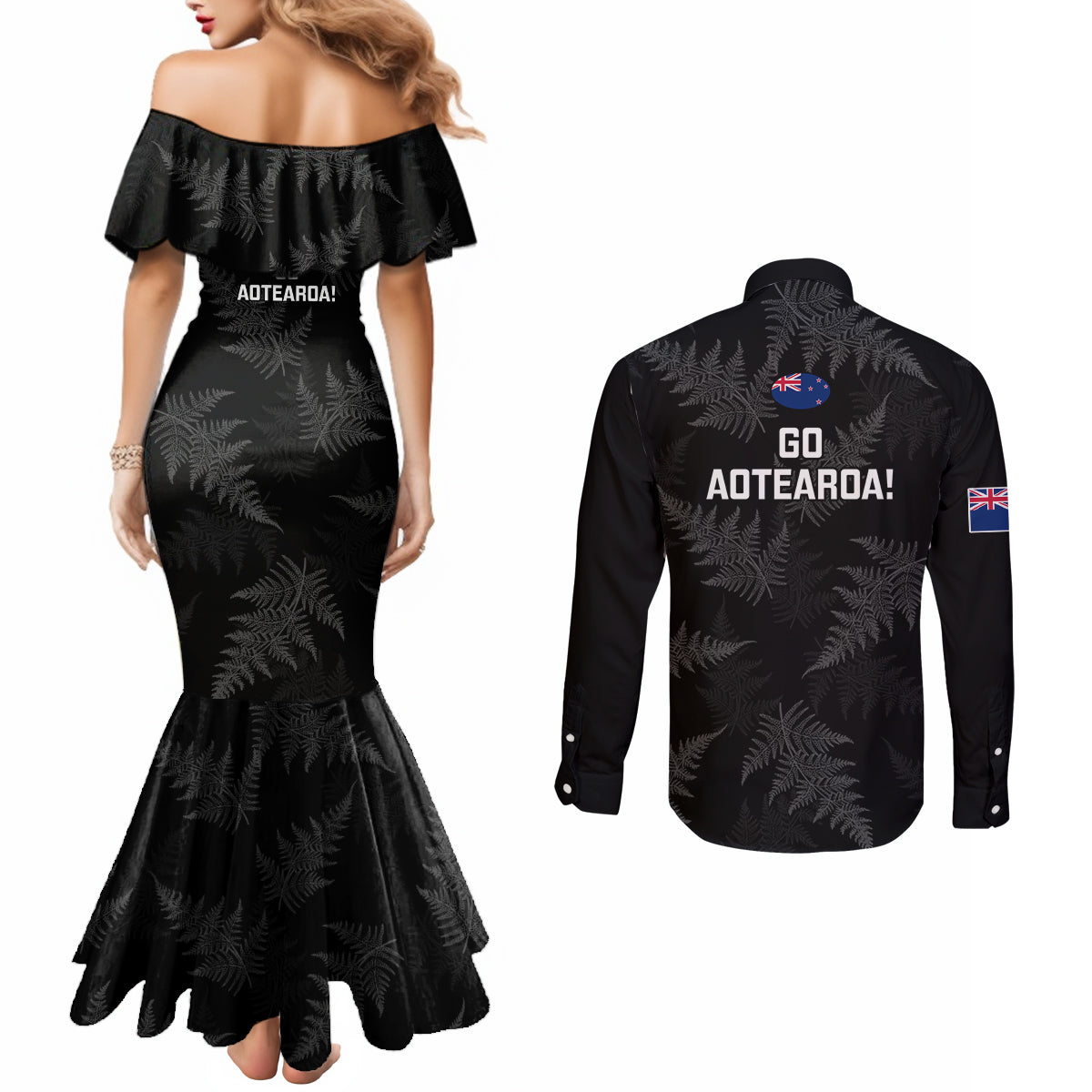 new-zealand-silver-fern-rugby-couples-matching-mermaid-dress-and-long-sleeve-button-shirts-2023-go-aotearoa-champions-world-cup