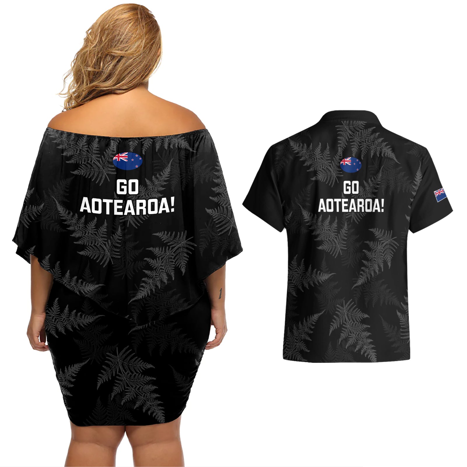 new-zealand-silver-fern-rugby-couples-matching-off-shoulder-short-dress-and-hawaiian-shirt-2023-go-aotearoa-champions-world-cup