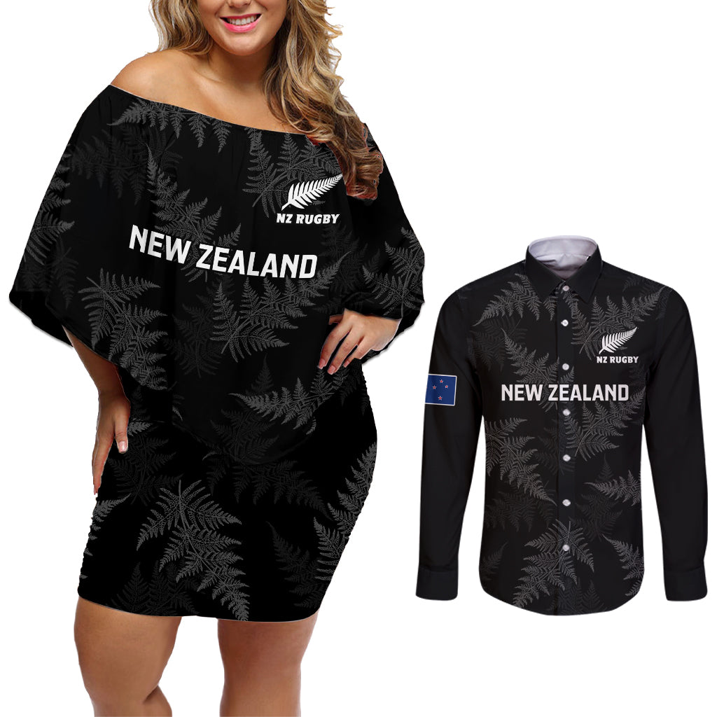 new-zealand-silver-fern-rugby-couples-matching-off-shoulder-short-dress-and-long-sleeve-button-shirts-2023-go-aotearoa-champions-world-cup
