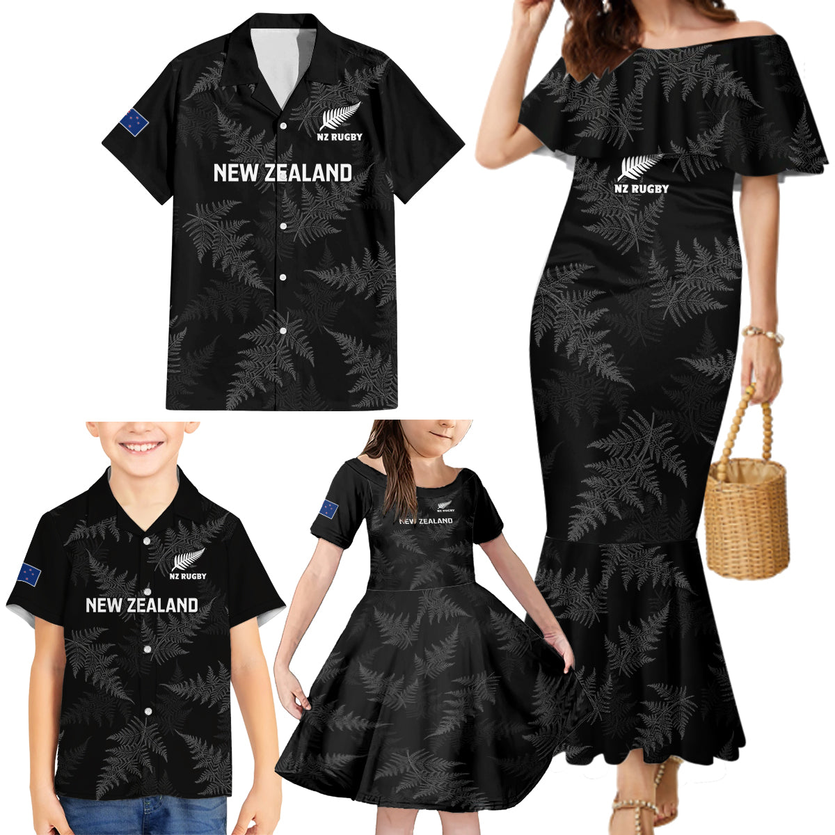 new-zealand-silver-fern-rugby-family-matching-mermaid-dress-and-hawaiian-shirt-2023-go-aotearoa-champions-world-cup