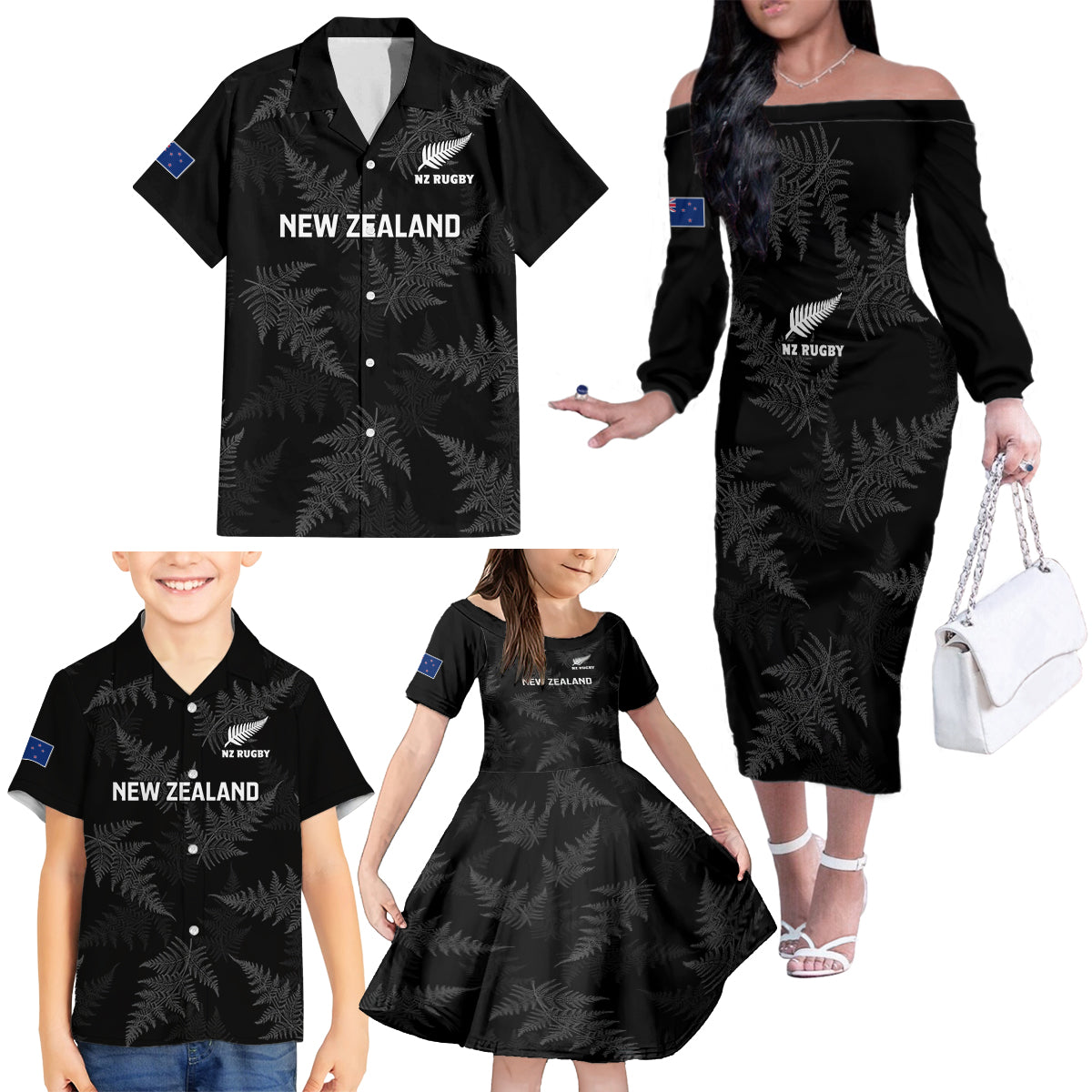 new-zealand-silver-fern-rugby-family-matching-off-shoulder-long-sleeve-dress-and-hawaiian-shirt-2023-go-aotearoa-champions-world-cup