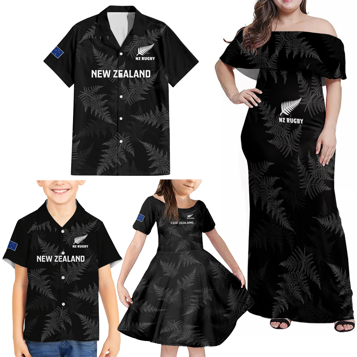 new-zealand-silver-fern-rugby-family-matching-off-shoulder-maxi-dress-and-hawaiian-shirt-2023-go-aotearoa-champions-world-cup