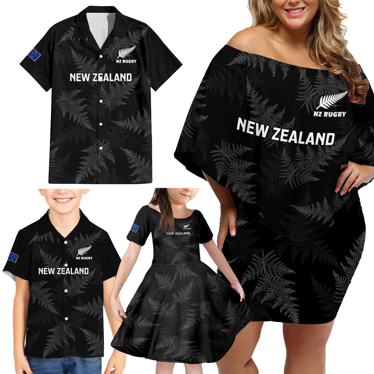 new-zealand-silver-fern-rugby-family-matching-off-shoulder-short-dress-and-hawaiian-shirt-2023-go-aotearoa-champions-world-cup