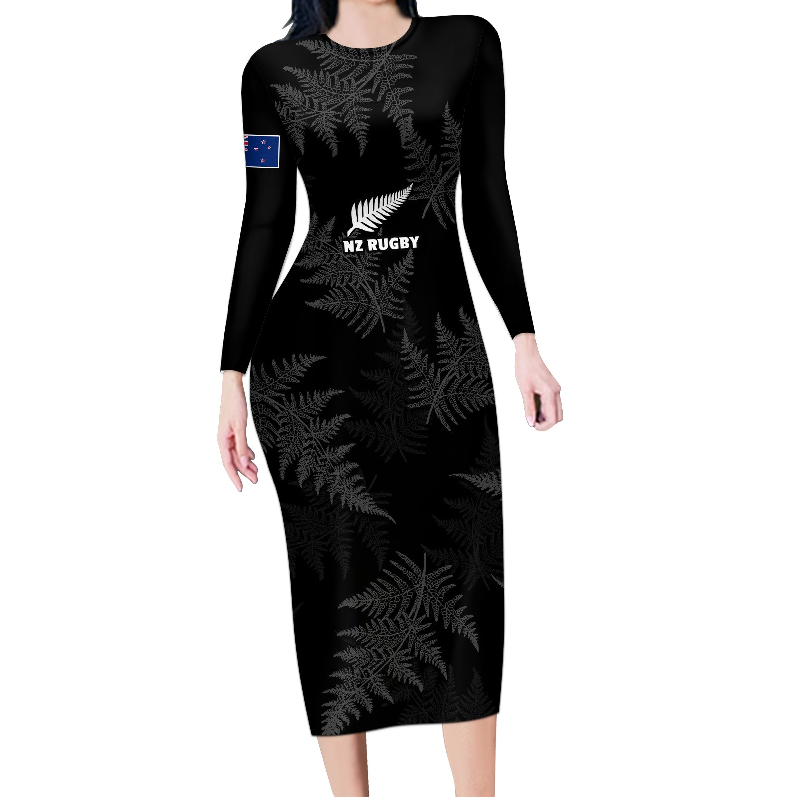 new-zealand-silver-fern-rugby-long-sleeve-bodycon-dress-2023-go-aotearoa-champions-world-cup