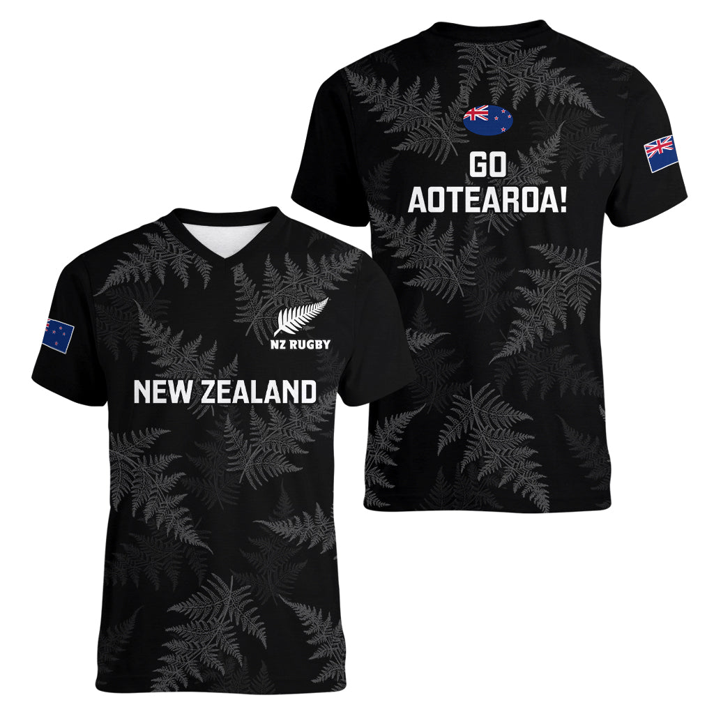 New Zealand Silver Fern Rugby Women V Neck T Shirt 2023 Go Aotearoa Champions World Cup - Vibe Hoodie Shop