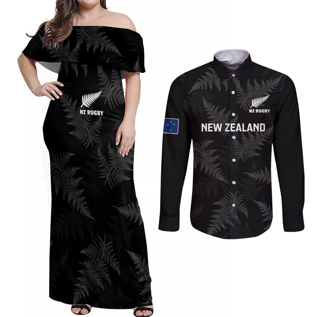 custom-new-zealand-silver-fern-rugby-couples-matching-off-shoulder-maxi-dress-and-long-sleeve-button-shirts-2023-go-aotearoa-champions-world-cup