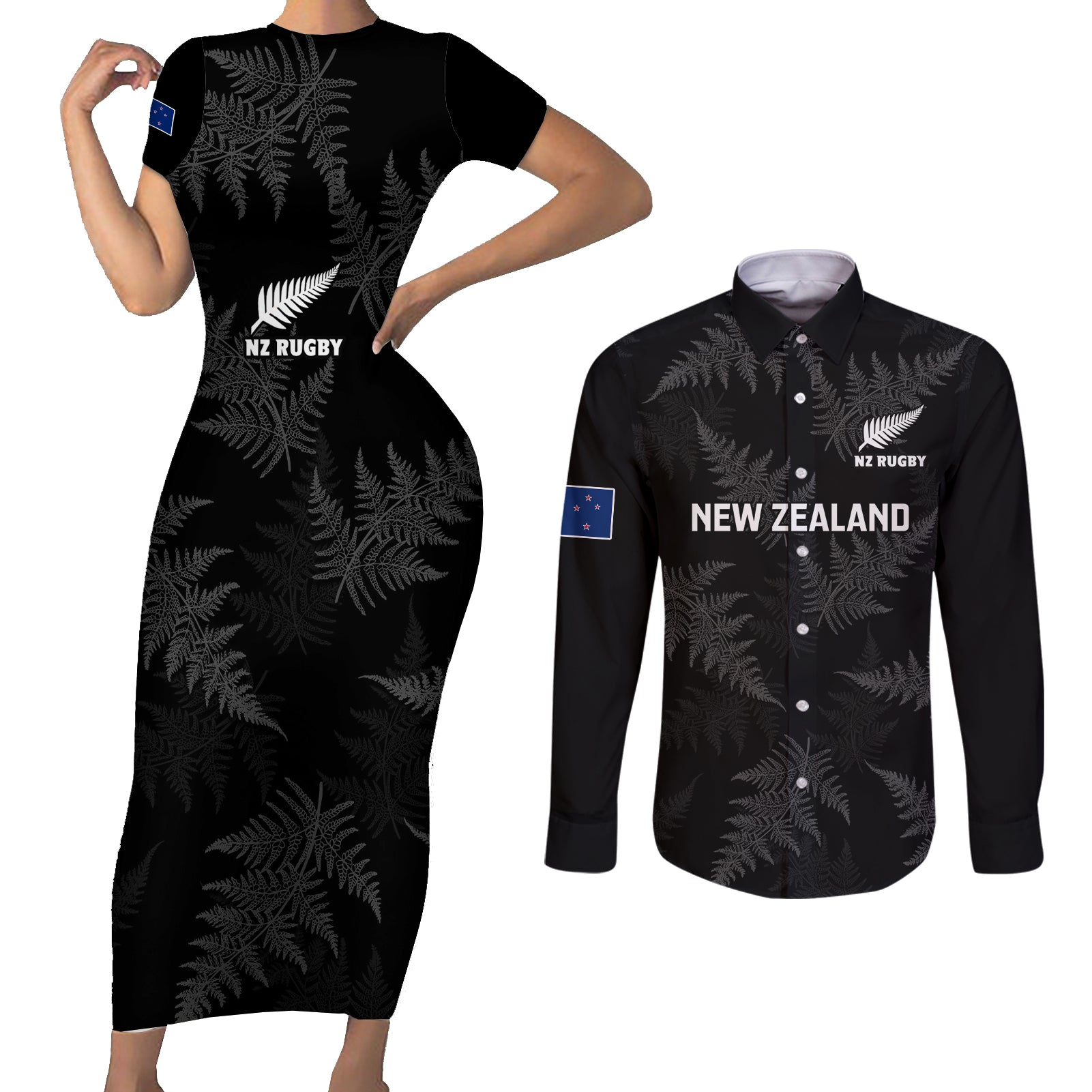 custom-new-zealand-silver-fern-rugby-couples-matching-short-sleeve-bodycon-dress-and-long-sleeve-button-shirts-2023-go-aotearoa-champions-world-cup