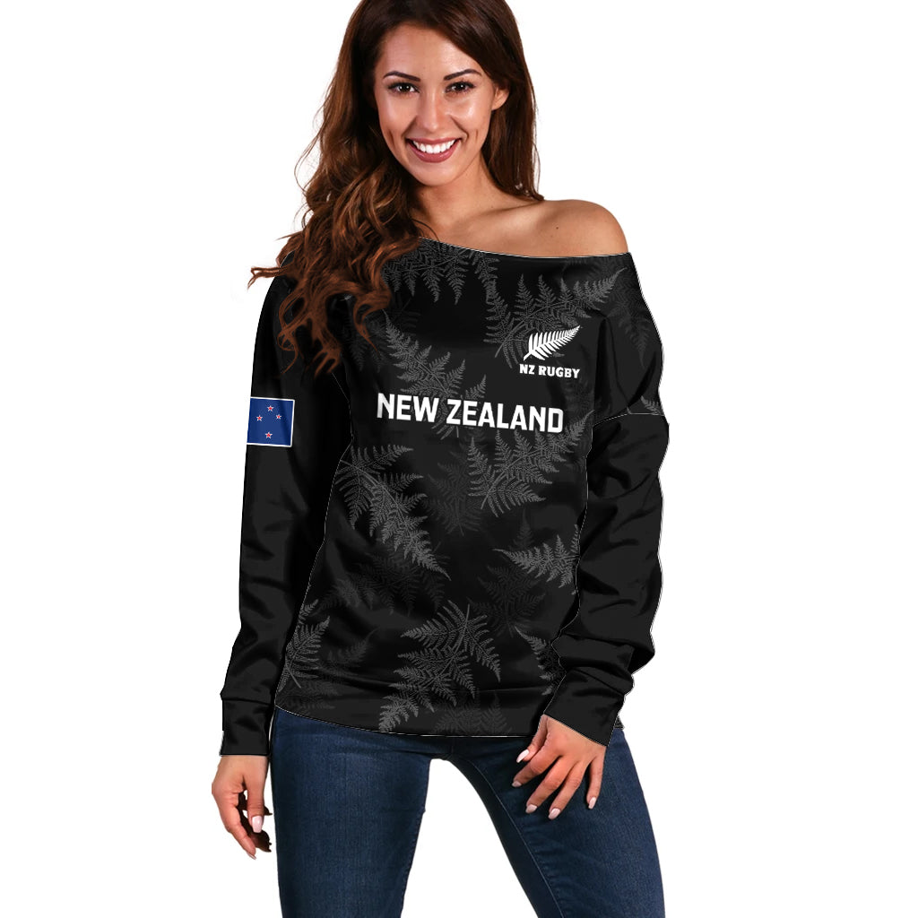 Custom New Zealand Silver Fern Rugby Off Shoulder Sweater 2023 Go Aotearoa Champions World Cup - Vibe Hoodie Shop