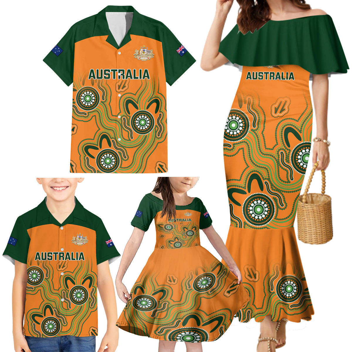 australia-rugby-family-matching-mermaid-dress-and-hawaiian-shirt-wallabies-2023-indigenous-art