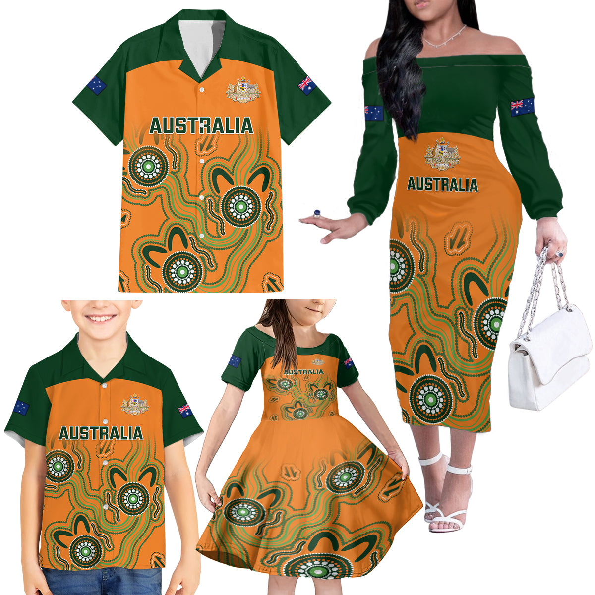 australia-rugby-family-matching-off-shoulder-long-sleeve-dress-and-hawaiian-shirt-wallabies-2023-indigenous-art