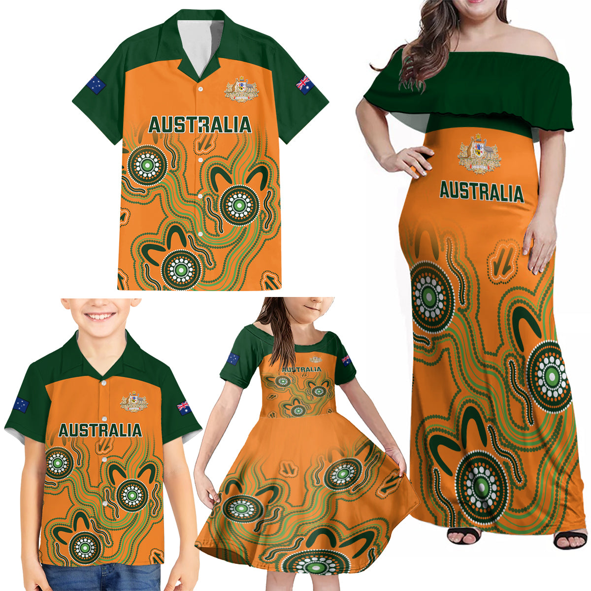 australia-rugby-family-matching-off-shoulder-maxi-dress-and-hawaiian-shirt-wallabies-2023-indigenous-art