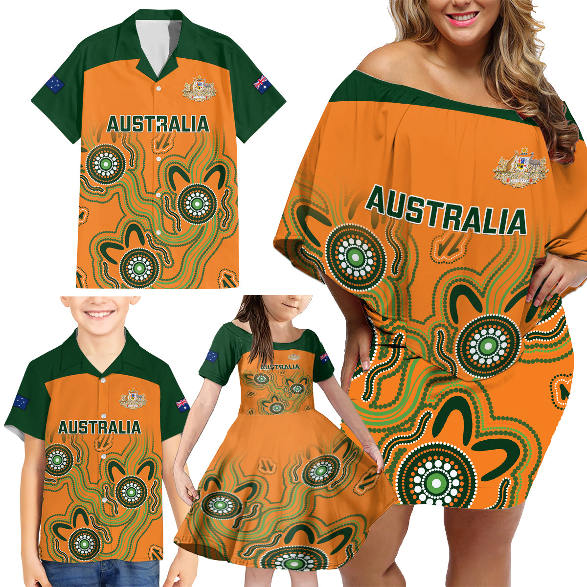 australia-rugby-family-matching-off-shoulder-short-dress-and-hawaiian-shirt-wallabies-2023-indigenous-art