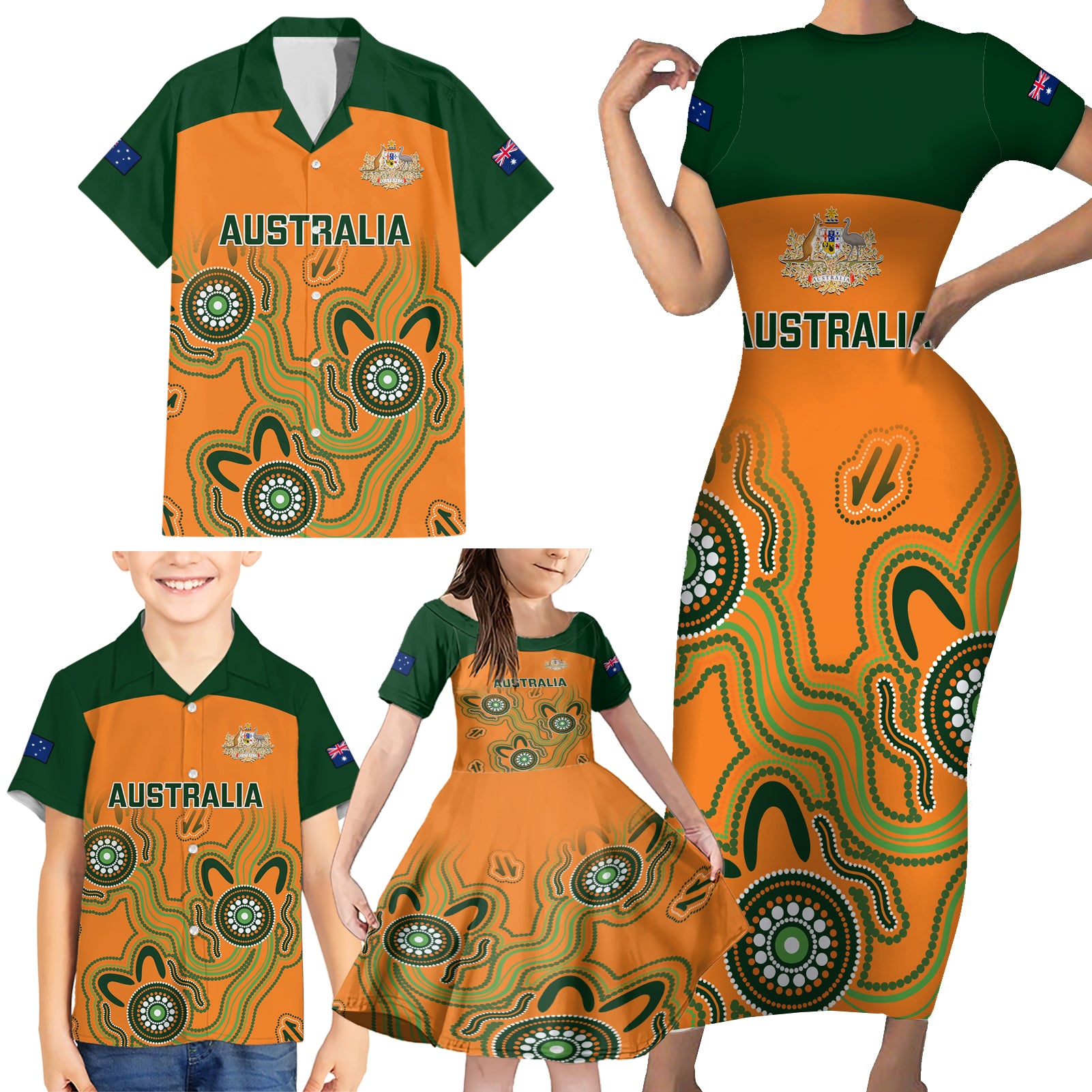 australia-rugby-family-matching-short-sleeve-bodycon-dress-and-hawaiian-shirt-wallabies-2023-indigenous-art