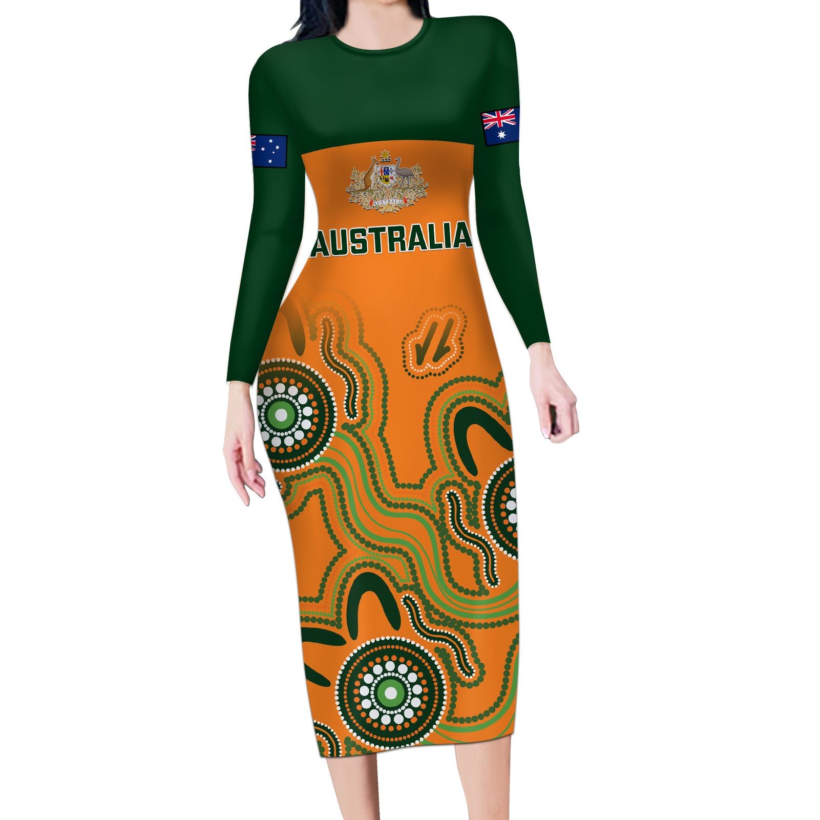 australia-rugby-long-sleeve-bodycon-dress-wallabies-2023-indigenous-art