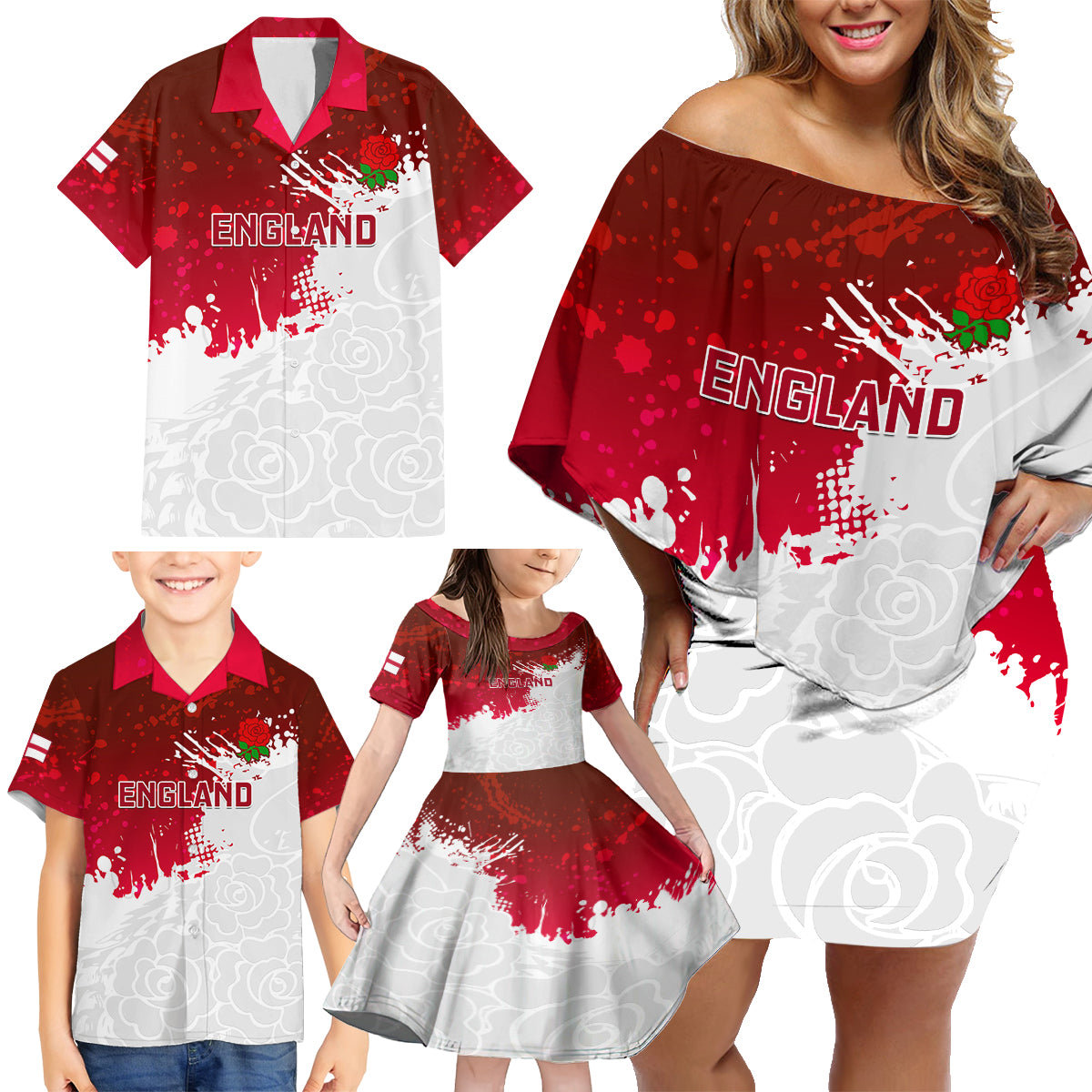 custom-england-rugby-family-matching-off-shoulder-short-dress-and-hawaiian-shirt-2023-go-champions-world-cup-red-rose