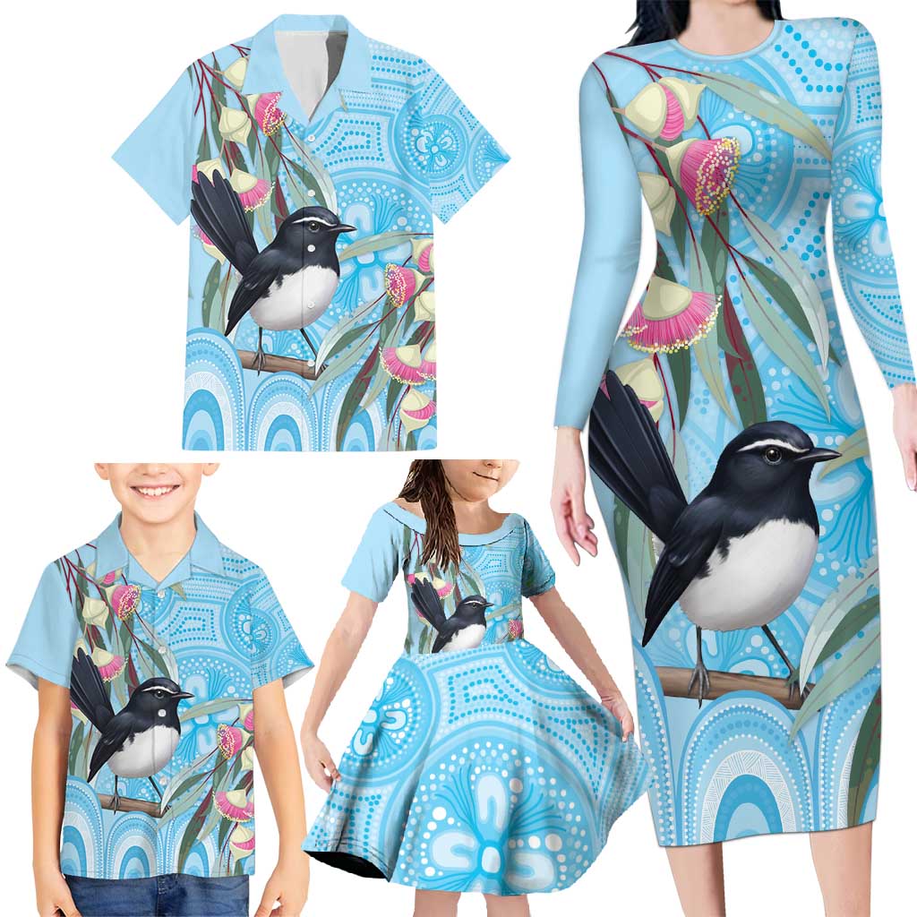 Willie wagtail Australia Family Matching Long Sleeve Bodycon Dress and Hawaiian Shirt Eucalyptus Blossoms Aboriginal Art - Vibe Hoodie