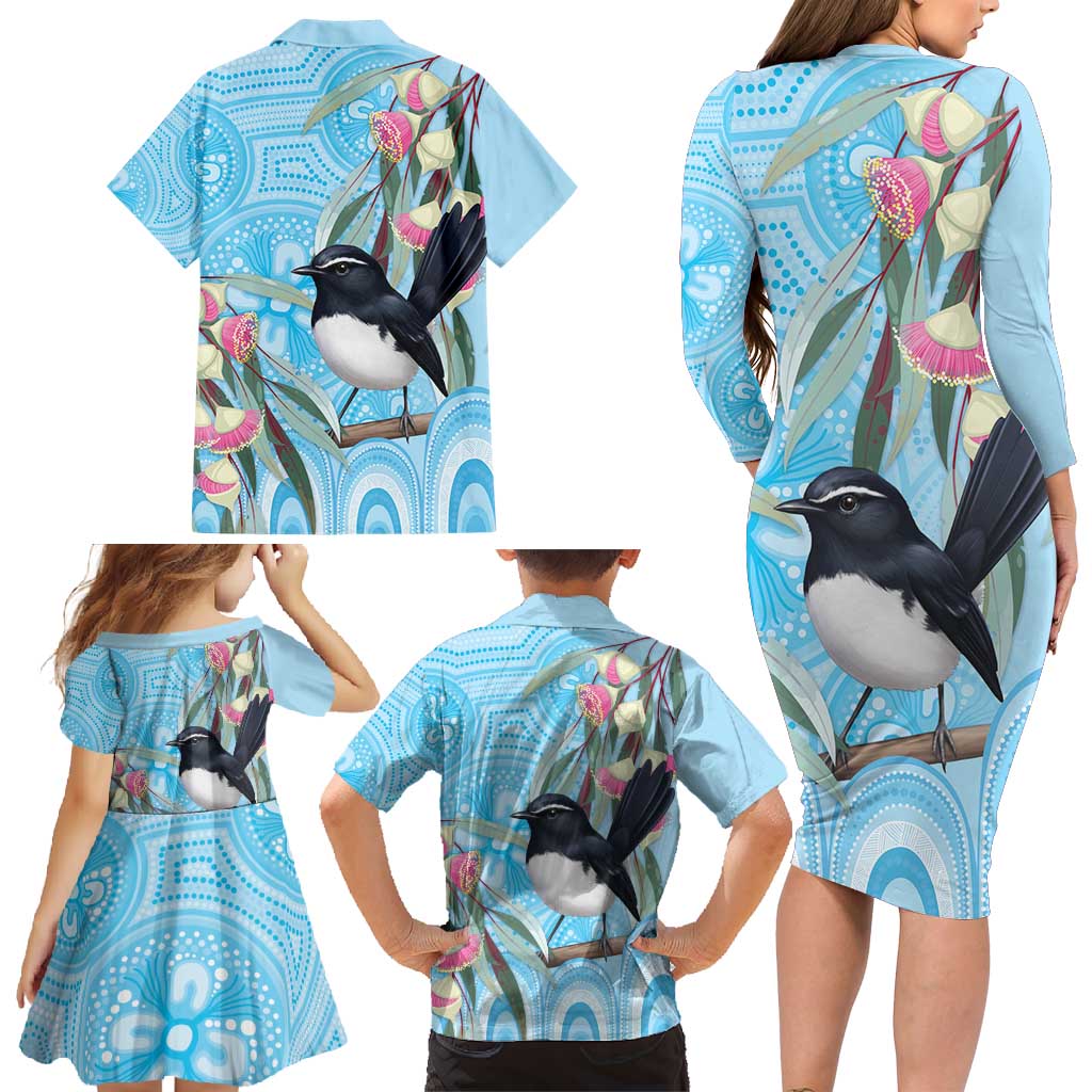 Willie wagtail Australia Family Matching Long Sleeve Bodycon Dress and Hawaiian Shirt Eucalyptus Blossoms Aboriginal Art - Vibe Hoodie