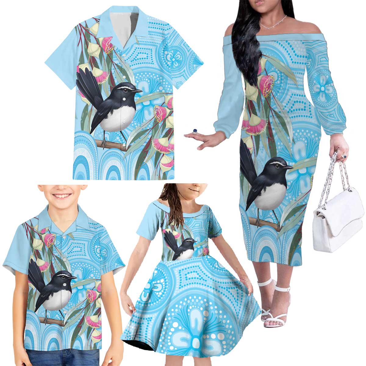 Willie wagtail Australia Family Matching Off The Shoulder Long Sleeve Dress and Hawaiian Shirt Eucalyptus Blossoms Aboriginal Art - Vibe Hoodie