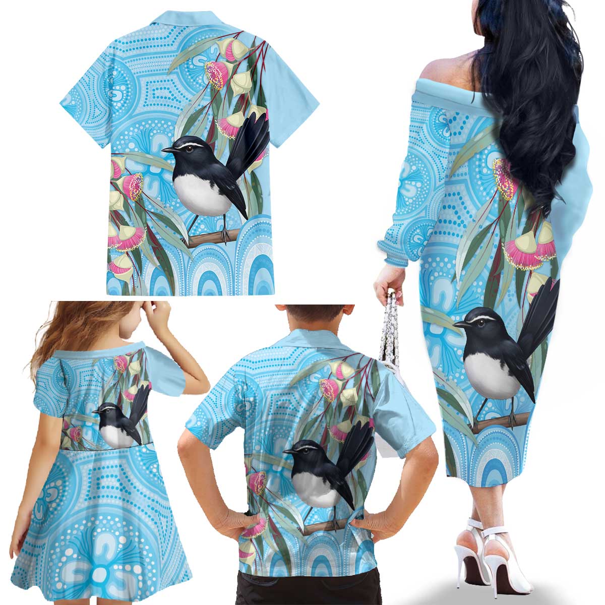Willie wagtail Australia Family Matching Off The Shoulder Long Sleeve Dress and Hawaiian Shirt Eucalyptus Blossoms Aboriginal Art - Vibe Hoodie